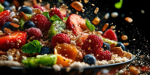 Table with Food and Fresh Ingredients, Macro Photography Style, Generative AI Food background