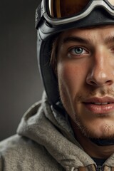 Fototapeta premium Cheerful Young Skier with Freckles Beaming in White Helmet