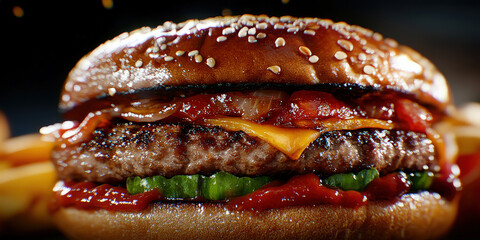 Luxuous Hamburger, Macro Photography Style, Generative AI Hamburger background