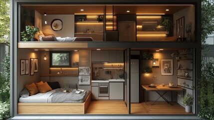 Stylish modern apartment with integrated furniture design. Generative AI