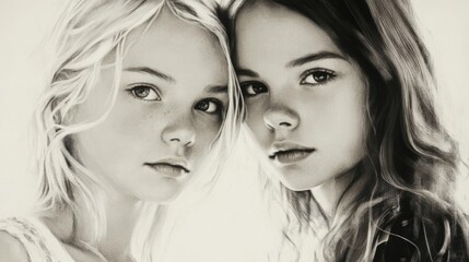 Obraz premium Portrait of two young girls close-up on a white background showcasing innocence and friendship with soft lighting and detailed expressions