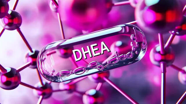 Pink molecular structure with DHEA capsule highlighting chemical bonds