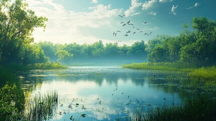 Fototapeta premium A serene wetland habitat with diverse bird species, rich vegetation reflecting in the water, thriving ecosystem 