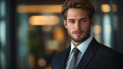 Fototapeta premium A poised male professional with a clean-shaven look, wearing a classic black suit and a patterned tie, positioned in front of a blurred corporate office with a glass wall and soft natural light accent