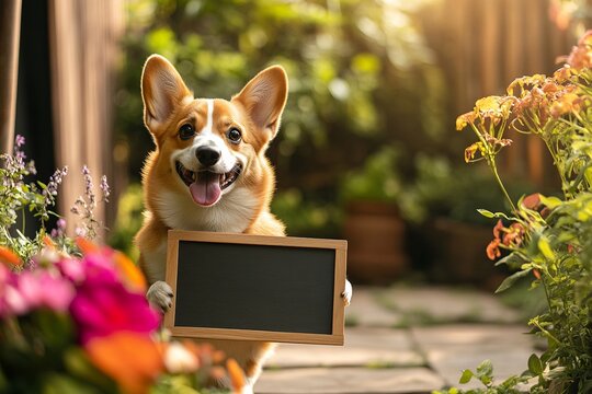  A playful dog holding a sign with space for custom text, perfect for personalized messages, in a friendly and fun pose.