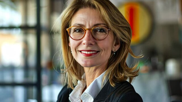 A confident businesswoman stands with her arms crossed in a modern office setting, exuding professionalism and charisma while wearing stylish glasses.
