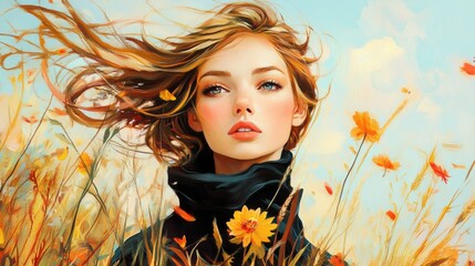 Portrait of an elegant woman surrounded by vibrant autumn flowers in a serene landscape with gentle wind and warm colors.