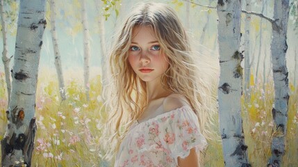 Beautiful young woman with wavy hair in a birch grove during summer, surrounded by blooming flowers and soft natural light.