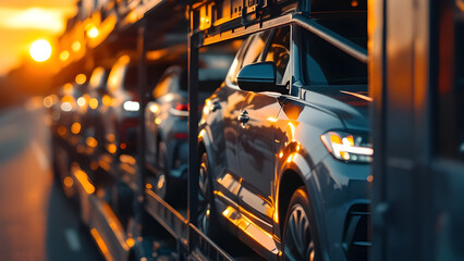 Truck transporting luxury cars, transportation, delivery, automobile.