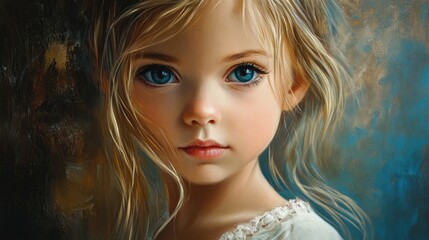 Portrayal of a young girl with captivating blue eyes and delicate features in a soft artistic style.