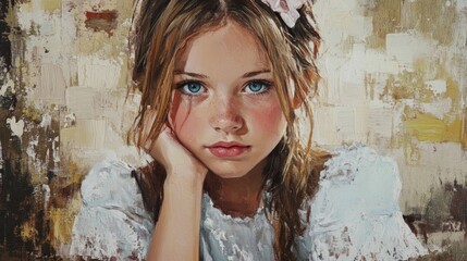 Fototapeta premium Portrait of a young girl with blue eyes and a flower in her hair against an abstract background capturing innocence and beauty.