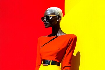 Attractive happy black girl - for ads, magazine ad and social platforms use. Commercial marketing pattern. Short coiffure - blond hair. Urban black style. Black model shoot. Black style ads.