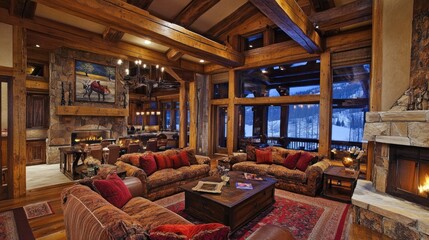 Luxurious Mountain Lodge Living Room With Fireplace