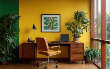Fototapeta premium Energetic Brazilian-inspired office featuring a wooden desk with tropical accents, a leather chair, and vibrant greenery. Bright yellow and green tones on the walls, along with Brazilian art