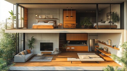 Elegant modern apartment with a seamless open-plan design. Generative AI