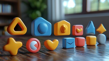 Colorful three dimensional shapes represent various app icons