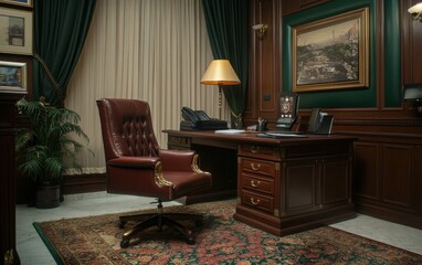 Luxurious Indian-style business office with a detailed wooden desk, a rich leather chair, and a colorful rug. 