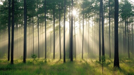 Obraz premium Sunbeams Illuminate Misty Pine Forest Scene