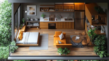 Cozy Home Interior with Wood and Plants. Generative AI