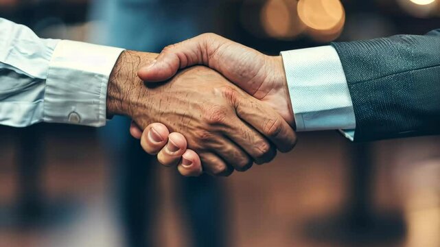 A close-up view of two people shaking hands, symbolizing a mutually beneficial agreement. The background indicates a bustling business atmosphere.