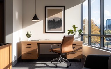 Fototapeta premium Modern Australian corporate office with a light wood desk, stylish chair, and unique local art pieces. 