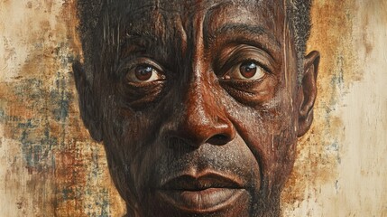 Portrait of a mature African American man with expressive eyes showcasing intricate details of skin and texture in a warm background.
