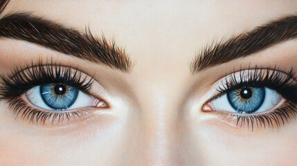 Fototapeta premium Close-up of captivating blue eyes with defined brows and long lashes highlighting beauty and depth of expression.