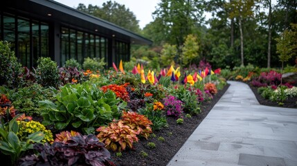 Colorful garden path, modern building background, autumn floral display, landscape design
