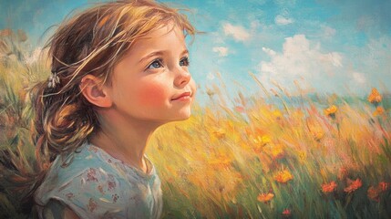 Naklejka premium Girl gazing joyfully in a vibrant meadow filled with wildflowers under a blue sky, capturing the essence of innocence and nature's beauty.