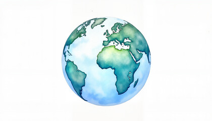 Fototapeta premium Watercolor illustration of Earth with green continents and blue oceans in a simple and artistic style on white background
