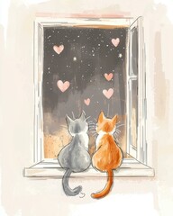 Romantic Cats Watching the Night Sky Filled with Hearts