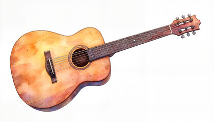 Watercolor painting of a classic wooden acoustic guitar with realistic textures and warm tones in an artistic style on white background