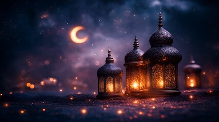 Fototapeta premium Illuminated Ramadan Lanterns Under Crescent Moon Night Sky