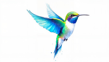 Fototapeta premium Watercolor illustration of a vibrant hummingbird in blue and green hues in mid-flight with iridescent feathers on a white background