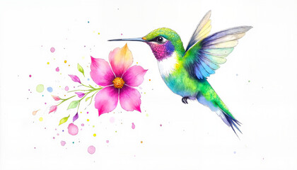 Obraz premium Watercolor painting of a hummingbird and a pink flower surrounded by colorful splashes in an artistic style on white background