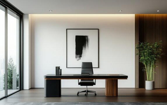 Sleek South Korean-style business office with a modern desk, black leather chair, and minimalistic design. 