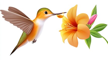 Naklejka premium Hummingbird feeding on orange flower