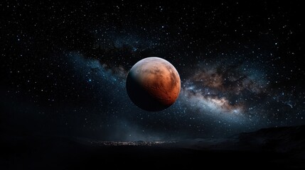 Glowing red planet surrounded by stars in a dark cosmic backdrop with a distant galaxy and faint city lights visible on the surface, evoking a sense of distant worlds.