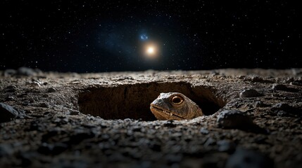 Obraz premium Lizard peering out from a burrow under a starlit sky with planets visible in the background and a rugged, textured surface surrounding the hole.