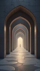 Obraz premium A lone figure walks through a long arched hallway