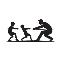 Man playing tug-of-war with children silhouette vector illustration