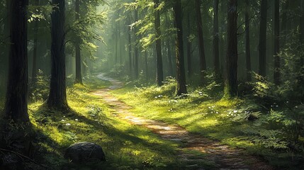Naklejka premium A serene forest path winding through tall trees, dappled sunlight and soft moss underfoot, tranquil mood 