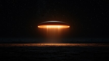 Obraz premium Suspended metallic UFO hovering in a dark night sky, beams of orange light illuminating the ground beneath, stars visible in the background, creating an otherworldly atmosphere.