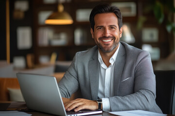 Portrait of handsome entrepreneur with laptop and documents smiling and working at desk in office