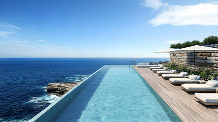 Fototapeta premium Sydney oceanview swimming pool next to azure waters in real estate -