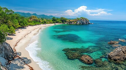 Fototapeta premium A pristine beach with clean sand and clear blue water, marine life thriving in a protected area, vibrant ecosystem 