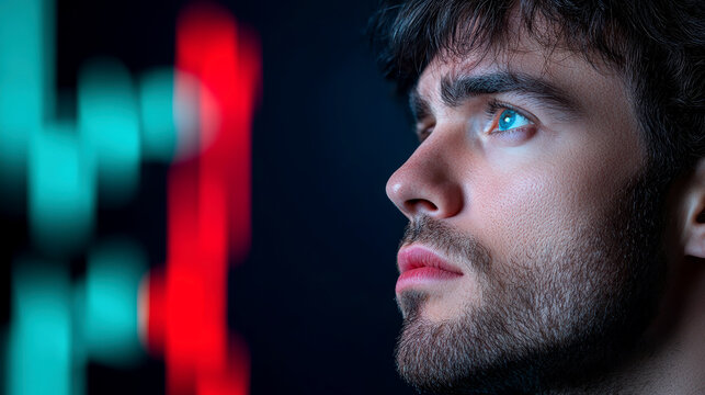 Young caucasian man focused on digital screen with futuristic technology background