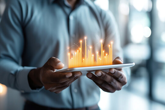 person holding glowing tablet displaying digital bar graph, symbolizing data analysis and technology. image conveys innovation and modern business solutions