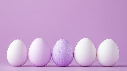 Unique purple egg among white eggs on pastel background with minimalistic design concept of individuality