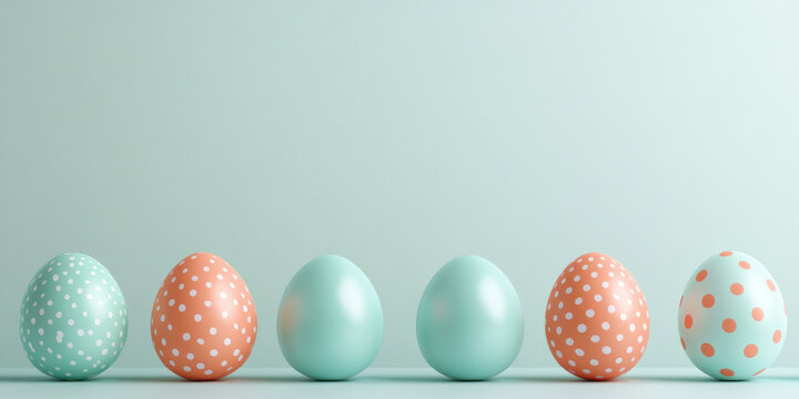 Pastel colored easter eggs with polka dots in minimalist design on soft green background creative holiday concept
